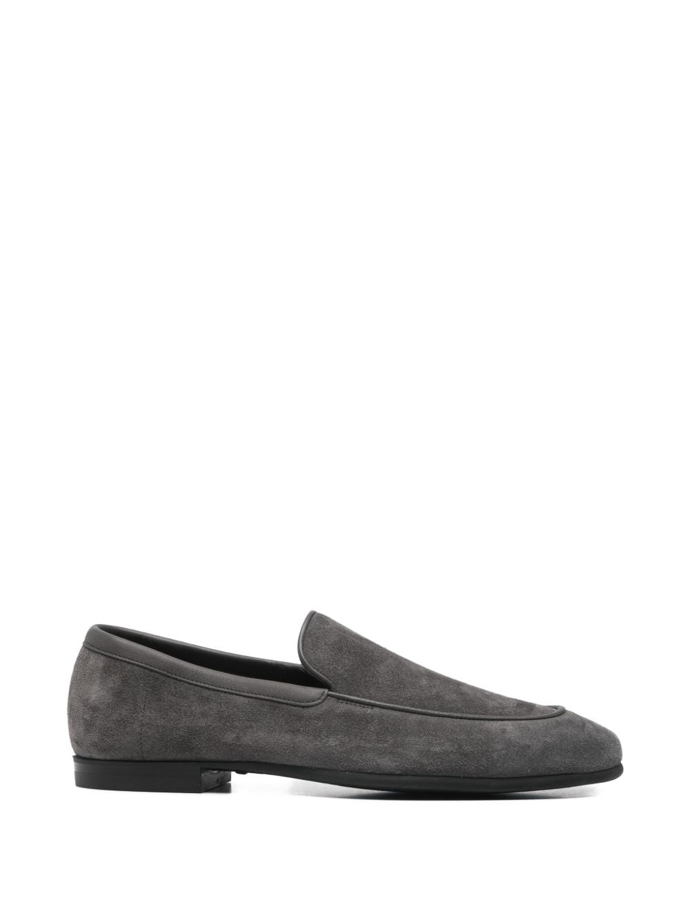 John Lobb Tyne II loafers in grey suede – side view showing leather-trimmed collar and low stacked heel