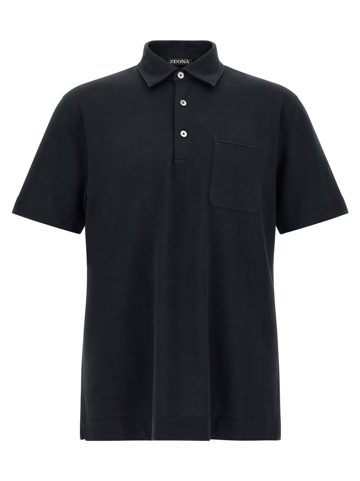 Zegna cotton piquet polo shirt with chest pocket in navy blue – front view