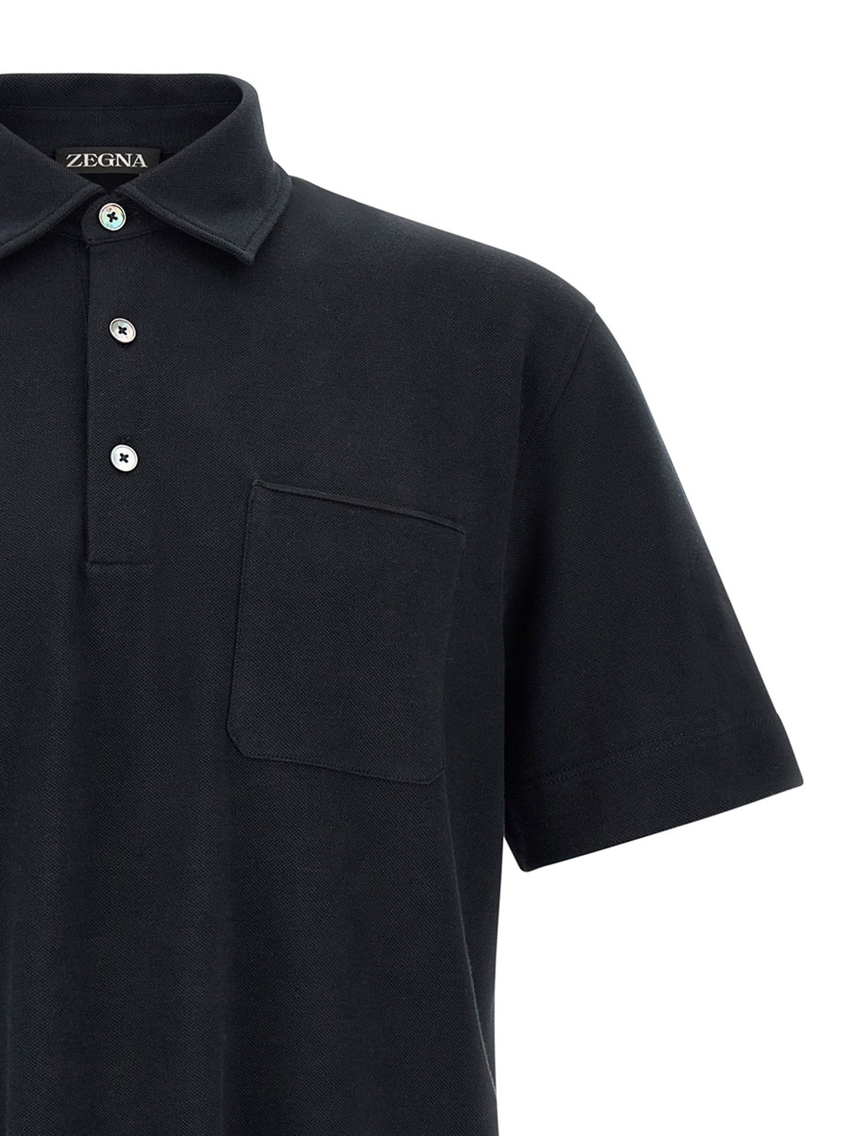 Zegna navy blue piquet polo – mother-of-pearl buttons and chest pocket detail