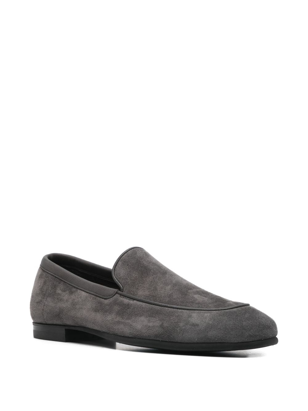 John Lobb Tyne II loafers in grey suede – three-quarter front view with raised apron seam