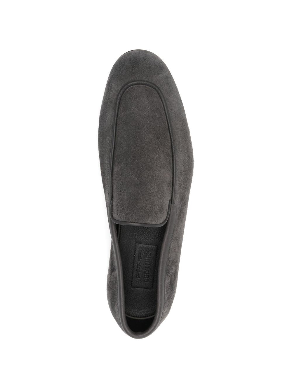 John Lobb Tyne II loafers in grey suede – top view showing stitched apron and stamped leather insole