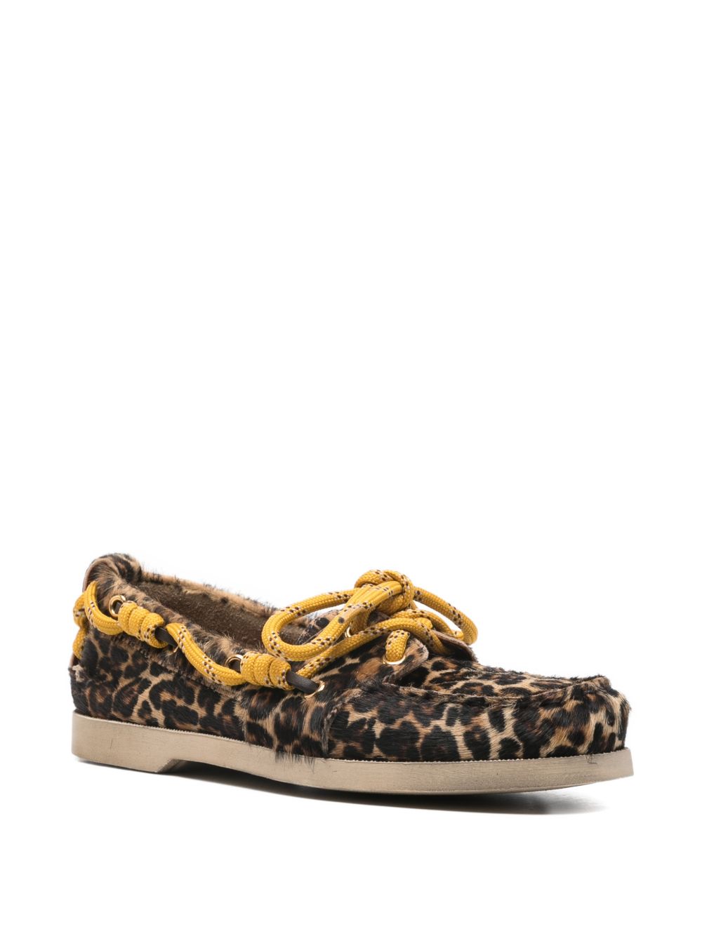 Golden Goose Cruise loafers in leopard-print pony skin – three-quarter front view showing cord lacing