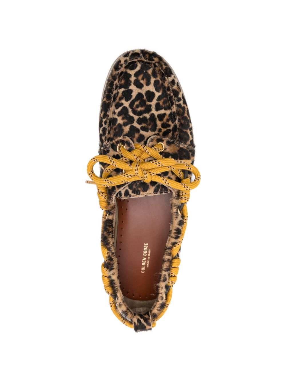 Golden Goose Cruise loafers in leopard-print pony skin – top view of moccasin toe and leather insole
